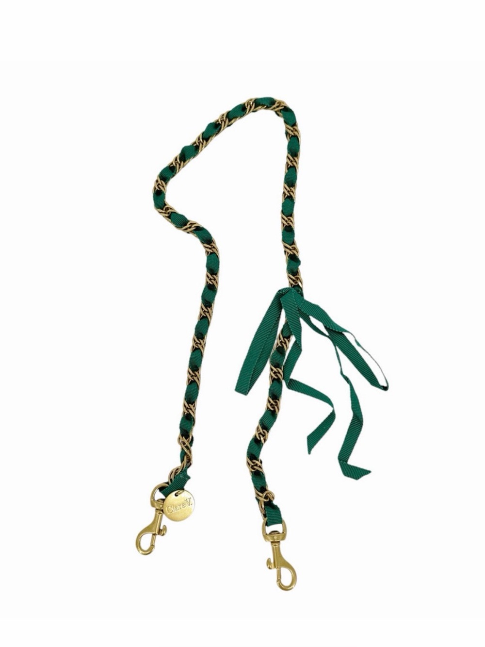 Clare v gold and green grosgrain ribbon shoulder chain